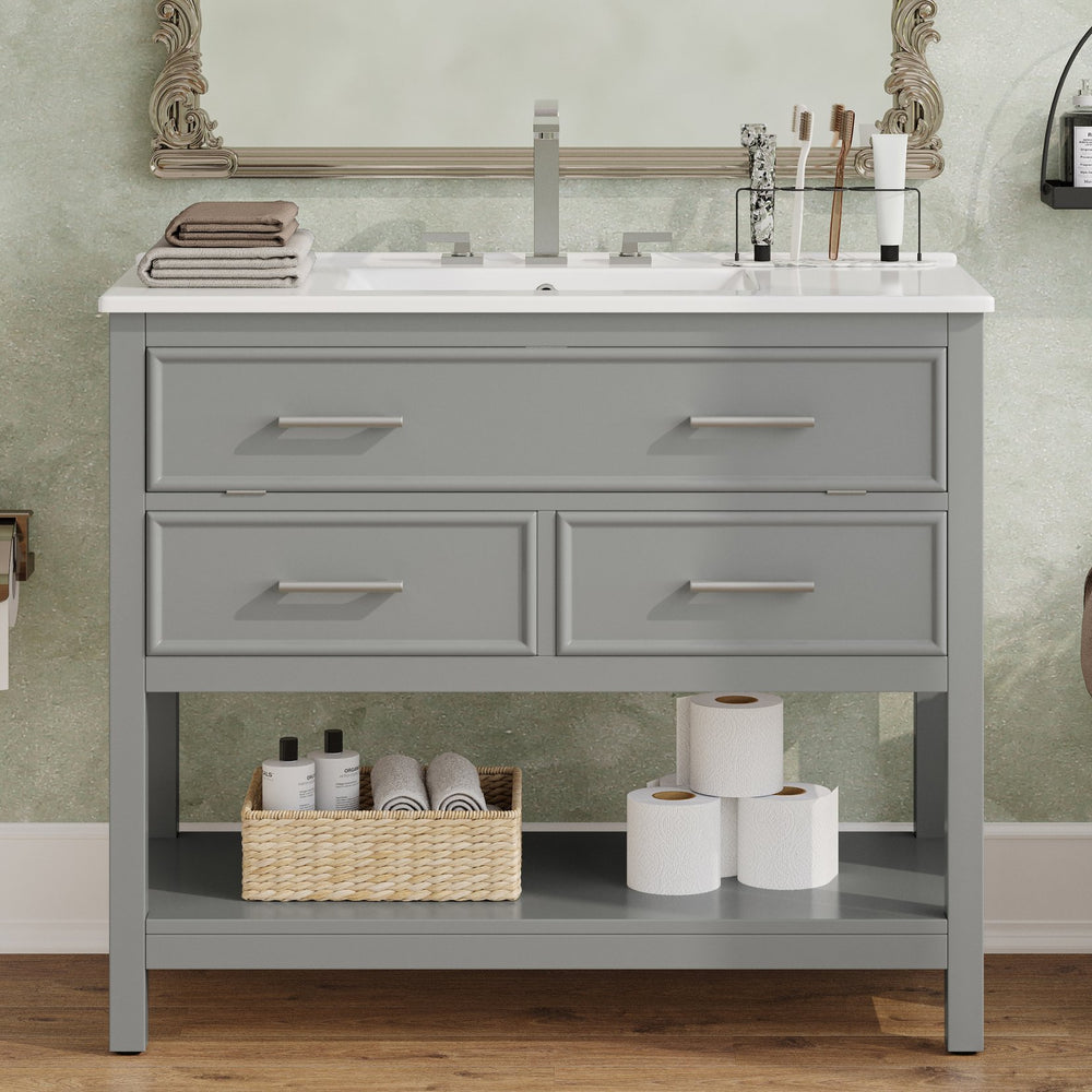 English Elm Christopher Knight Home® - 36" Modern Bathroom Vanity with Ceramic Sink, Tip-Out Tray, Soft-Close Drawers, Open Shelf, Waterproof Surface Gray N817P288908G