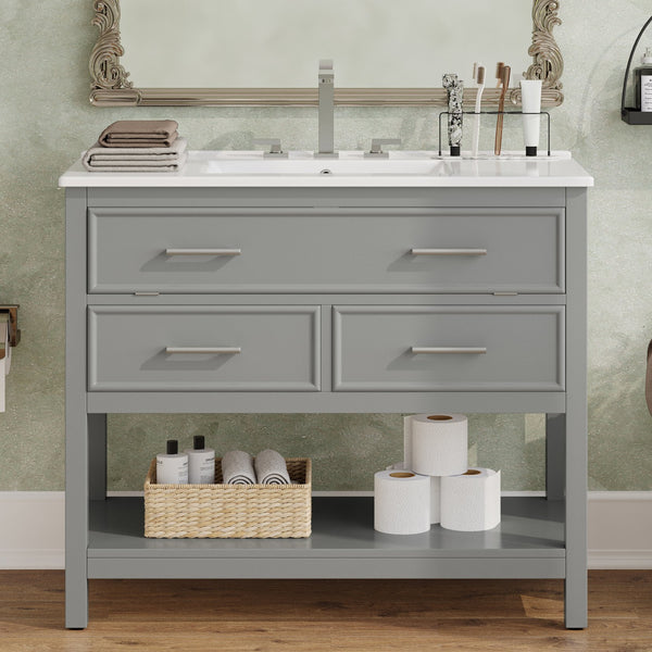 English Elm Christopher Knight Home® - 36" Modern Bathroom Vanity with Ceramic Sink, Tip-Out Tray, Soft-Close Drawers, Open Shelf, Waterproof Surface Gray N817P288908G