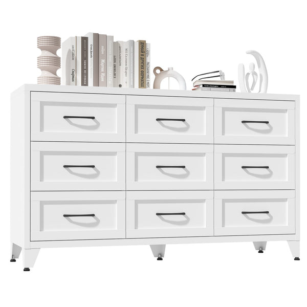 English Elm 9 Drawer Steel Dresser Low Profile White Powder Coated Frame Quiet Glide Bedroom Storage T2398P465982