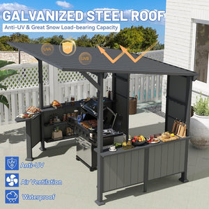 English Elm 9x10ft Hardtop Outdoor Grill Gazebo Galvanized Steel Canopy with Shelves for Patio Gray W1859S00180