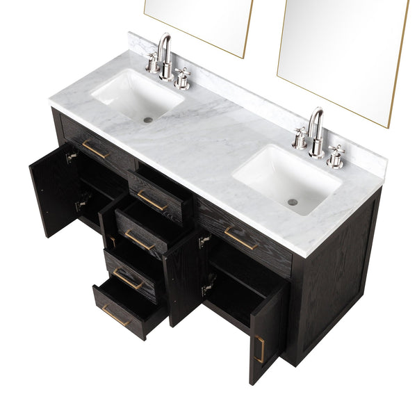 English Elm Black Oak Double Bath Vanity With Carrara Marble Top, Chrome Faucets & 28" Mirrors - Ready To Install! B2731S02172