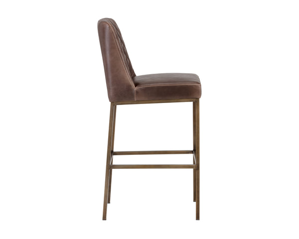 Sunpan Leighland Classic Barstool with Antique Brass Frame and Diamond-Stitched Faux Leather Upholstery Havana Dark Brown
