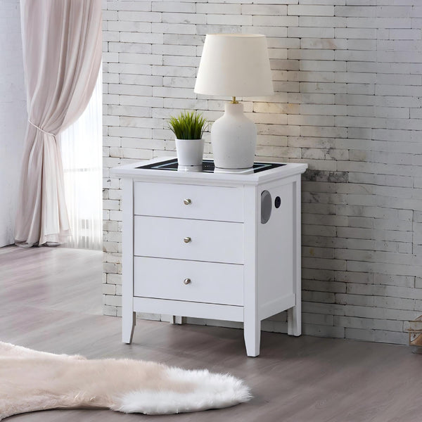 English Elm Hammond Smart 3-Drawer Nightstand White with USB Charging, Glass Top, Built-In Speakers, Dovetail Drawers B078P408787