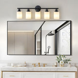 Modern 5-Light Vanity Bathroom Mirror Light, Frosted White Glass, Black Iron Frame, Wall Sconce for Bedroom, Bathroom, Dressing Room