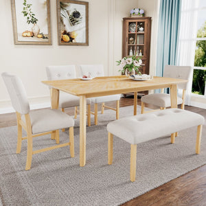 English Elm 6 Piece Farmhouse Dining Set Rubberwood Legs Tufted Chairs Bench Natural Ash Table N752S600015D
