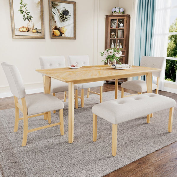 English Elm 6 Piece Farmhouse Dining Set Rubberwood Legs Tufted Chairs Bench Natural Ash Table N752S600015D