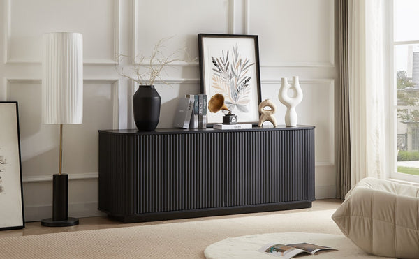 English Elm Sideboard Black 64" x15" x24" TV Stand Buffet Cabinet with Wave Pattern Curved Edges Press-Open W1162P295361