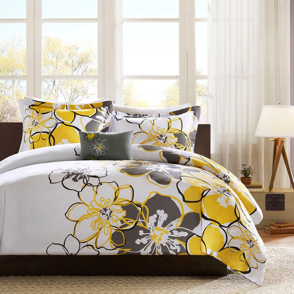 JLA Home Mi Zone - Floral Oversized Yellow & Grey Duvet Cover Set with Antimicrobial Microfiber, Reversible Style 90 L x 68 W x 0.13H MZ12-371