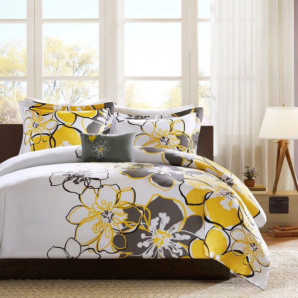 JLA Home Mi Zone - Floral Oversized Yellow & Grey Duvet Cover Set with Antimicrobial Microfiber, Reversible Style 90 L x 68 W x 0.13H MZ12-371