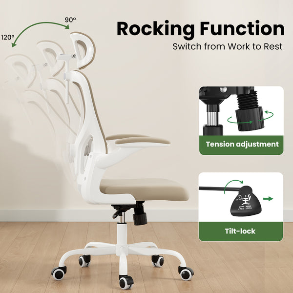 English Elm Ergonomic Office chair with adjustable headrest and lumbar support, breathable mesh, space-saving design khaki,White T3623P368566