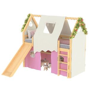 English Elm Twin Pine Loft Bed with House Frame Tent Led Lights Slide and Floor Space Below W1580S00289