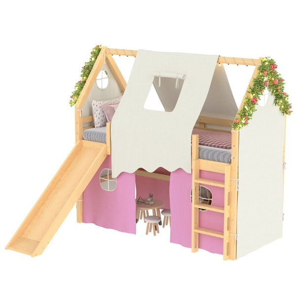 English Elm Twin Pine Loft Bed with House Frame Tent Led Lights Slide and Floor Space Below W1580S00289