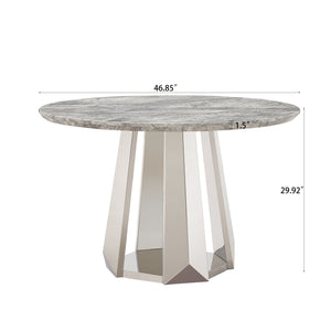 English Elm 47" Round Marble Dining Table - Elegant High Gloss Faux Marble Top & Durable Stainless Steel Base W3456S00008
