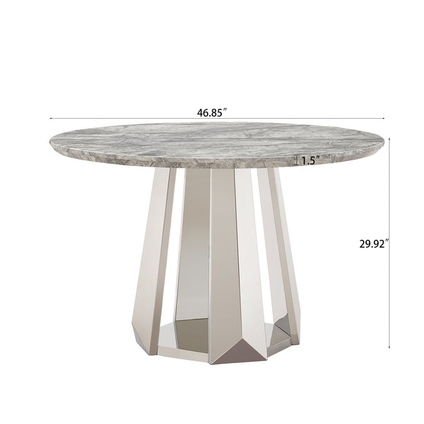 English Elm 47" Round Marble Dining Table - Elegant High Gloss Faux Marble Top & Durable Stainless Steel Base W3456S00008