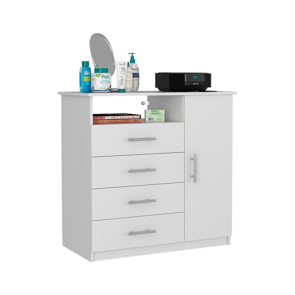 English Elm 4 Drawer Dresser with Open Shelf and Single Door Cabinet, Engineered Wood, Spacious Storage Appeal White 37 L x 20 W x 5 H B097S00108
