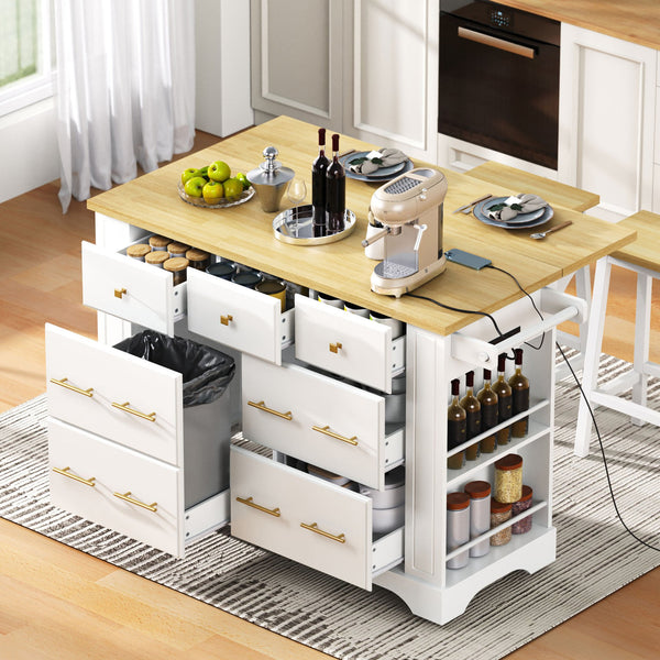English Elm K&K Rustic Kitchen Island Cart with 6 Drawers, Pull-Out Trash Cabinet, Drop Leaf & Built-In Charging Station White N707P307292W