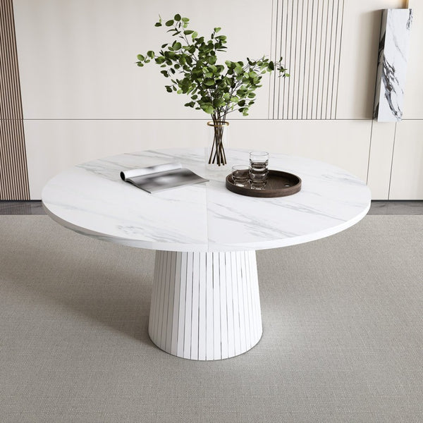English Elm 47 Inch Round Marble Veneer Mdf Dining Table Seats Four with Slim Wood Strip Base White W2700P404636