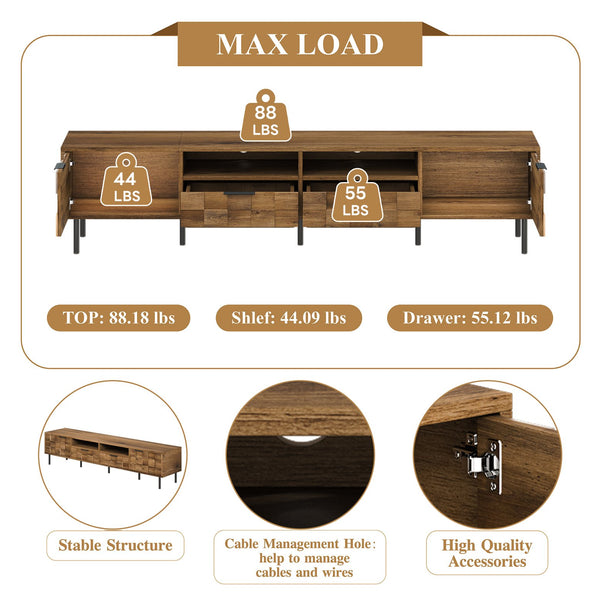 English Elm Mid retro TV Stand for TVs up to 85" — Medieval-inspired media console with 2 drawers, 4 cabinets, cable management Natural N710P193724P