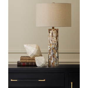 Colevile Table Lamp - Elegant Horn Inlay Design with Oatmeal Linen Shade & Brass Finial, 30.25" Tall