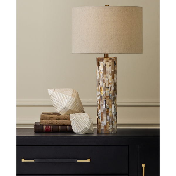 Colevile Table Lamp - Elegant Horn Inlay Design with Oatmeal Linen Shade & Brass Finial, 30.25" Tall