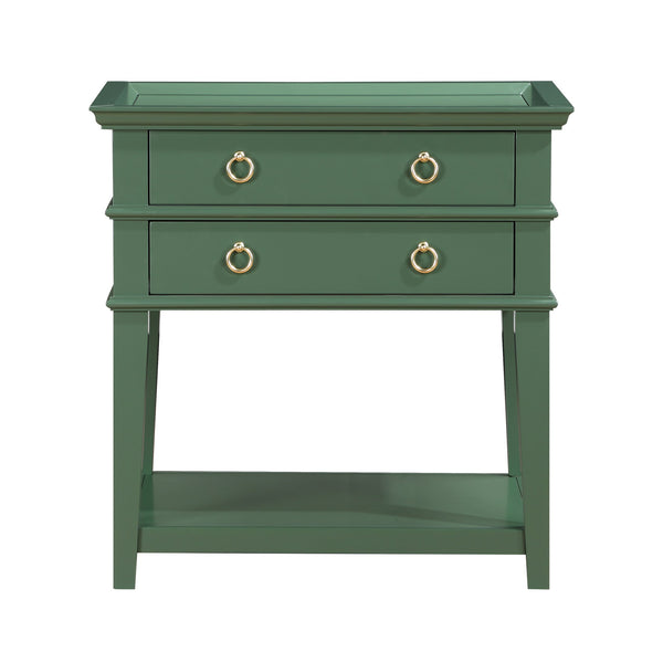 English Elm Carmona Midnight Blue Tray Top Nightstand with Two Drawers, Open Shelf, Brushed Gold Ring Pulls Antique Green B050P376936