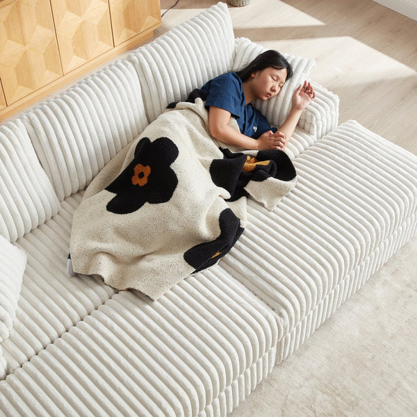 English Elm 84Inch Corduroy sofa with deep seats, 3 back pillows, 2 toss pillows, ottomans, cup grooves, storage Beige W834S00357