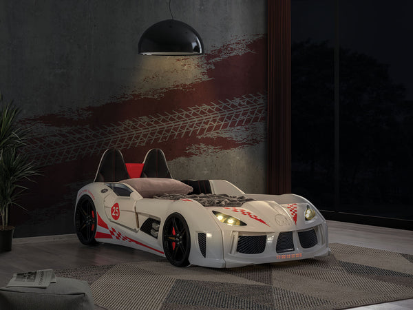 English Elm Modern Race Car Twin Bed With Led Lights, Magnetic Doors, Upholstered Comfort & Built-In Audio B2741S00505