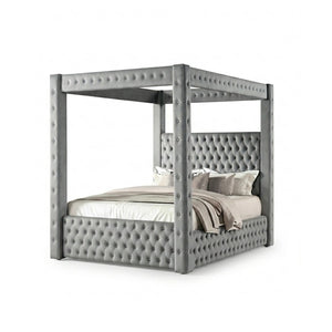 English Elm 1pc Gray Flannelette Four Poster Bed Tufted Upholstered Frame with Usb and Bluetooth B2741S00936