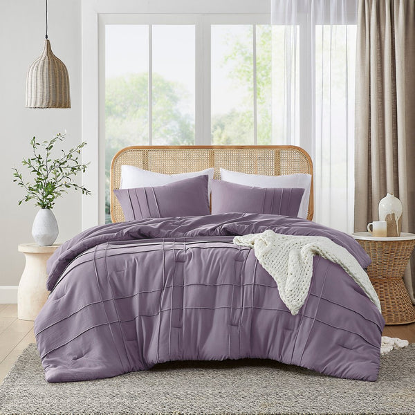 JLA Home Comfort Spaces - Soft Washed Pleated Comforter Set offers year-round breathable warmth, pre-washed microfiber, tailored grid elegance 90 L x 104 W x 1.5H AM10-0397