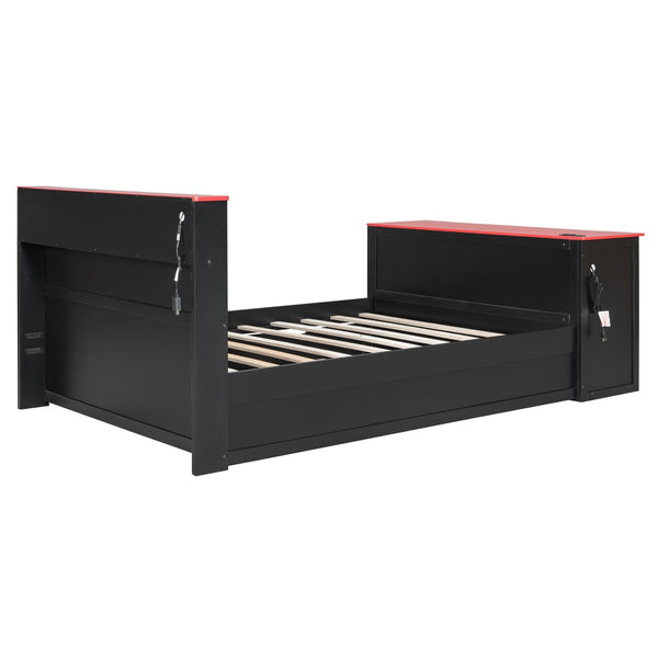 English Elm Full Size Wood Platform Daybed with Trundle Desk Rgb Led Lighting Gaming Bedroom Black+Red LT000284AAR
