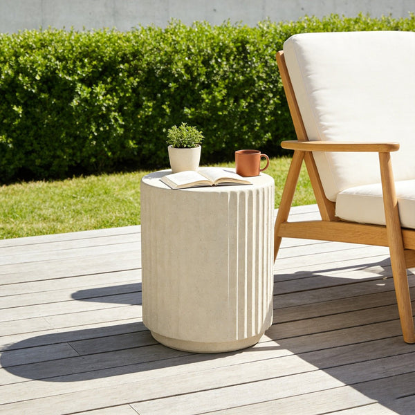 English Elm U_style Mgo Cylinder Accent Table Wave Ribbed Concrete Look Patio or Indoor Plant Stand Beige N711P422078A
