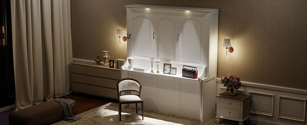 English Elm Queen Murphy Bed with Desk, Built-In LED Lights, USB Charging Ports & Space-Saving Modern Design White N7500004014K