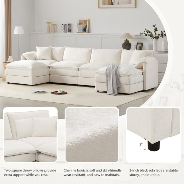 English Elm [new U-shaped Chenille Cloud Sectional 6 Seat Modular Sofa with Movable Ottoman White N723S6546W