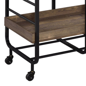 English Elm Vorrik Black & Walnut Finish Serving Cart with 3 Adjustable Wooden Trays, Metal Frame & Casters — Stylish Hostess Trolley B2726P272331