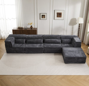 English Elm Compression Mahjong Sofa - Oversized Modular Floor Bed With Ottoman, No Assembly, Soft Fleece Fabric W3723S00037
