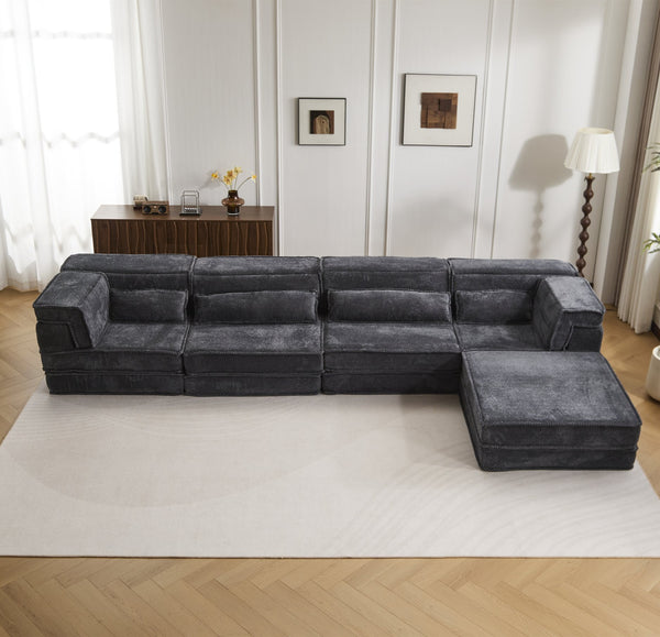 English Elm Compression Mahjong Sofa - Oversized Modular Floor Bed With Ottoman, No Assembly, Soft Fleece Fabric W3723S00037