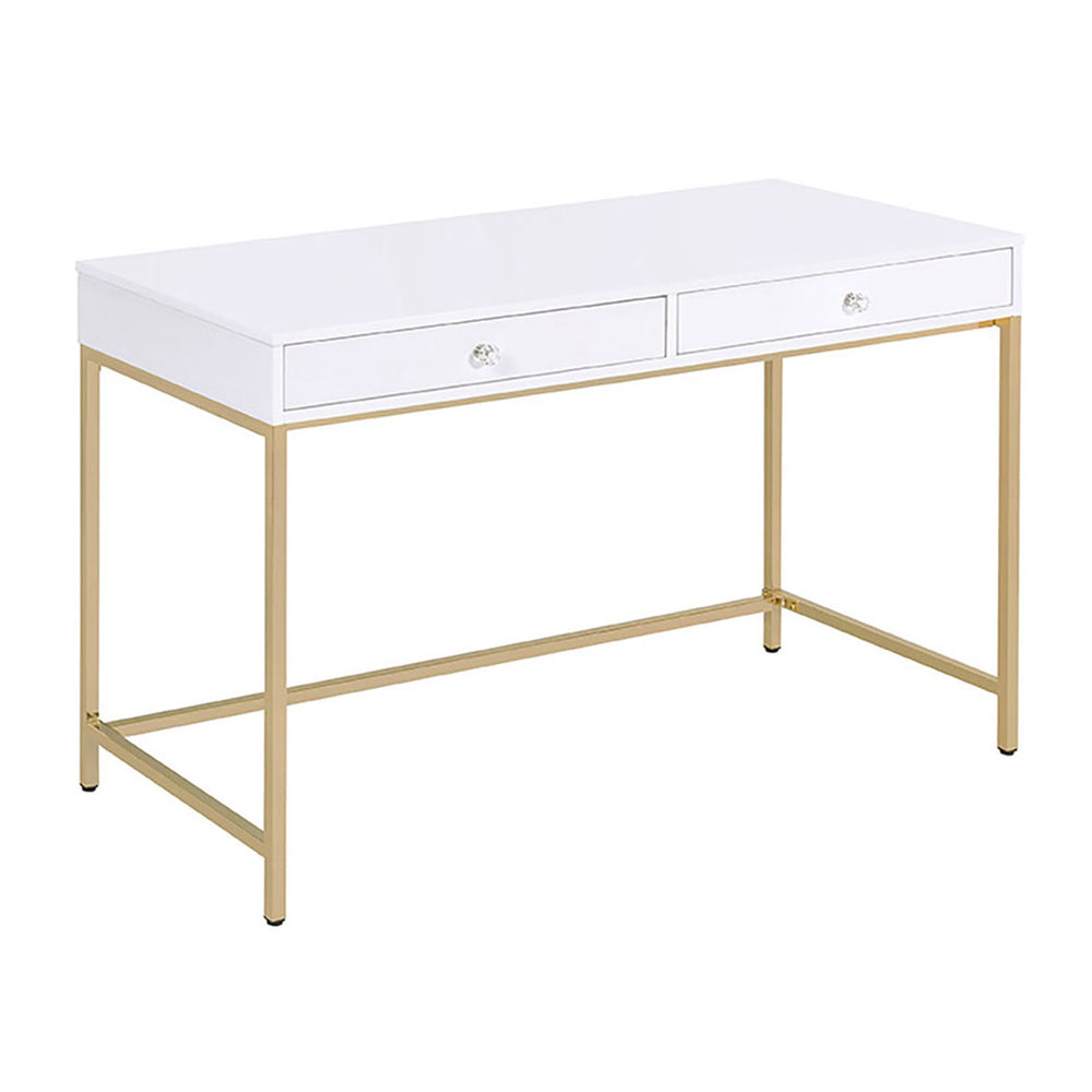 English Elm White White High Gloss and Gold 2-Drawer Writing Desk with Crystal Knobs, Sleek Contemporary Office Elegance B062P191050