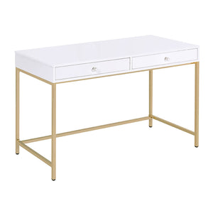 English Elm White White High Gloss and Gold 2-Drawer Writing Desk with Crystal Knobs, Sleek Contemporary Office Elegance B062P191050