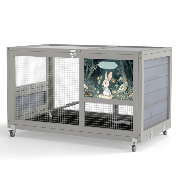 English Elm 2-tier Pine Rabbit Hutch on Wheels with Ramp Removable Tray and Openable Roof W2181P356045