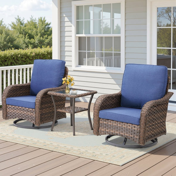 English Elm 3 Piece Outdoor Bistro Set Swivel Rocker Chairs Pe Rattan Wicker Patio Side Table Blue T3773P417375