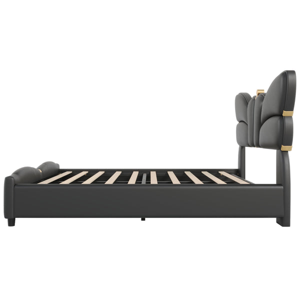 English Elm Christopher Knight Home® - Full Upholstered PU Leather Bed Frame with Butterfly Headboard, Gold Accents, Solid Wood Platform Black 78.25 L x 10 W x 3.25 H N761S0000018B