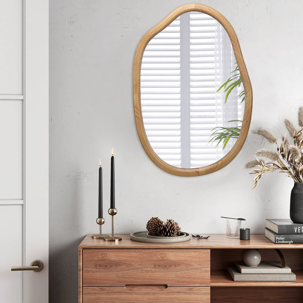 English Elm Irregular Asymmetrical Wall Mirror 32x22 Antique Natural Wood Frame Wavy Accent for Bright Modern Spaces W2295P290654