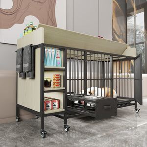 English Elm Large Iron Mdf Pet Enclosure with Storage Cabinet Rolling Casters and Steel Feeding Basins W3064P245384