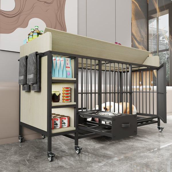 English Elm Large Iron Mdf Pet Enclosure with Storage Cabinet Rolling Casters and Steel Feeding Basins W3064P245384