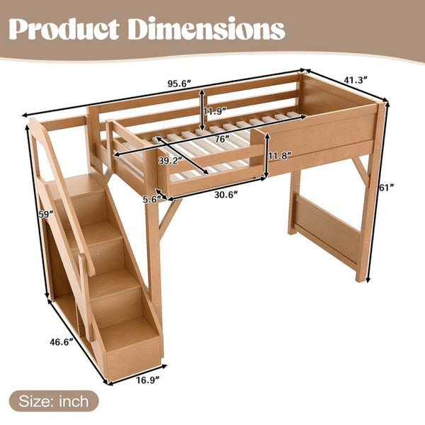 English Elm Twin Low Loft Bed Solid Pine Frame Kids Study Desk Blackboard Storage White Antique Natural W1580S00553