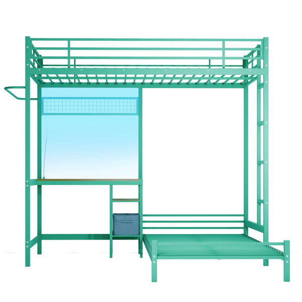 English Elm Bunk Bed Twin Over L-shaped Metal Frame with Desk Storage Shelves and Drawers W3752S00007