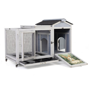 English Elm Wooden Pine Rabbit Hutch Dual Compartment Pet House with Casters Weatherproof Roof W2181P356189