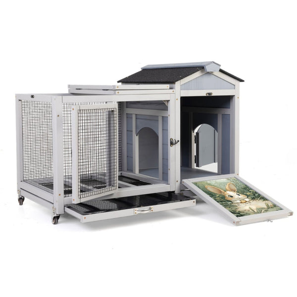 English Elm Wooden Pine Rabbit Hutch Dual Compartment Pet House with Casters Weatherproof Roof W2181P356189