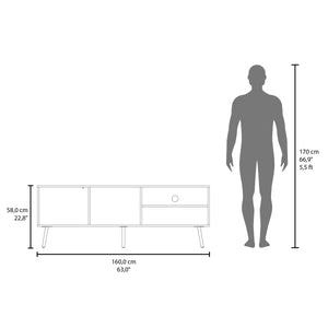 English Elm Mescal modern TV stand with concealed door and open shelving, conical legs, sleek storage center White 68.5 L x 20.9 W x 5.1 H B128P263710