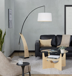 English Elm Floor Lamp with Organic Wood Base and Linen Shade for Farmhouse Living Spaces B202S02142